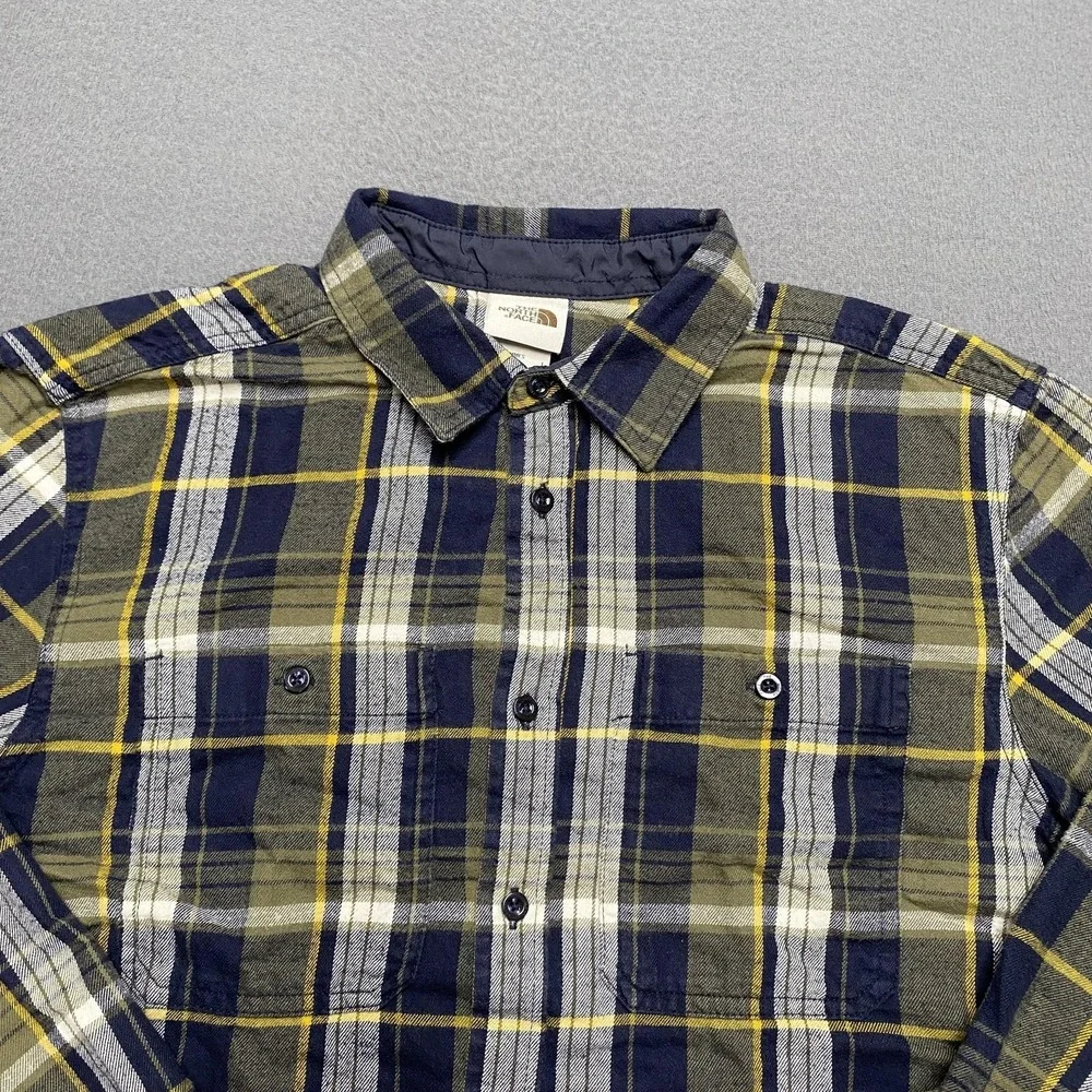 North Face Shirt Mens Large Blue Yellow Plaid Flannel Long Sleeve‎ Double Pocket